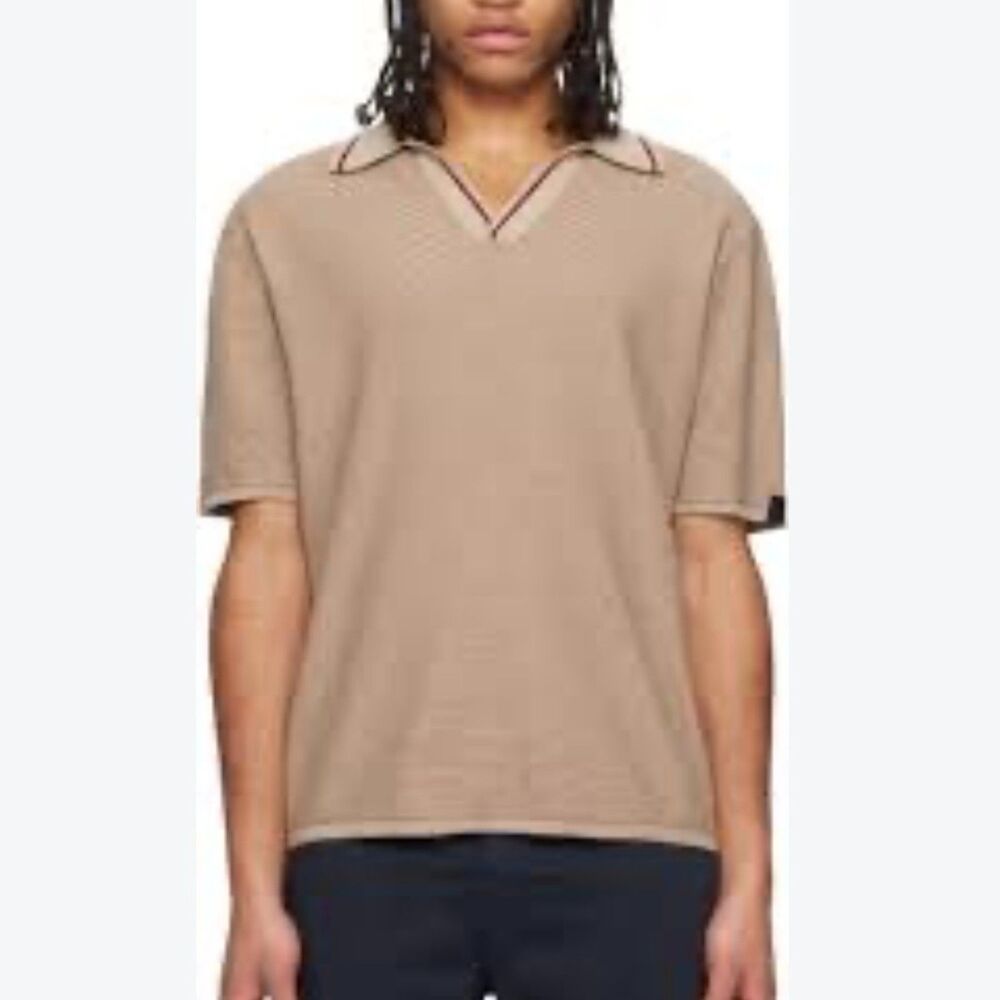 Rag & Bone Mens L Textured Knit Johnny Collar Polo Shirt Tan Burgundy Short